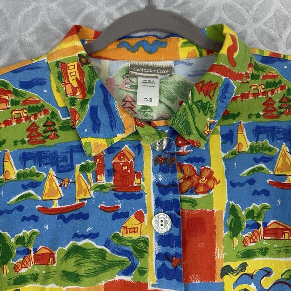 Vtg Coldwater Creek Top Womens L Colorful Tropical Boxy Button Shirt Art to Wear - Picture 2 of 13